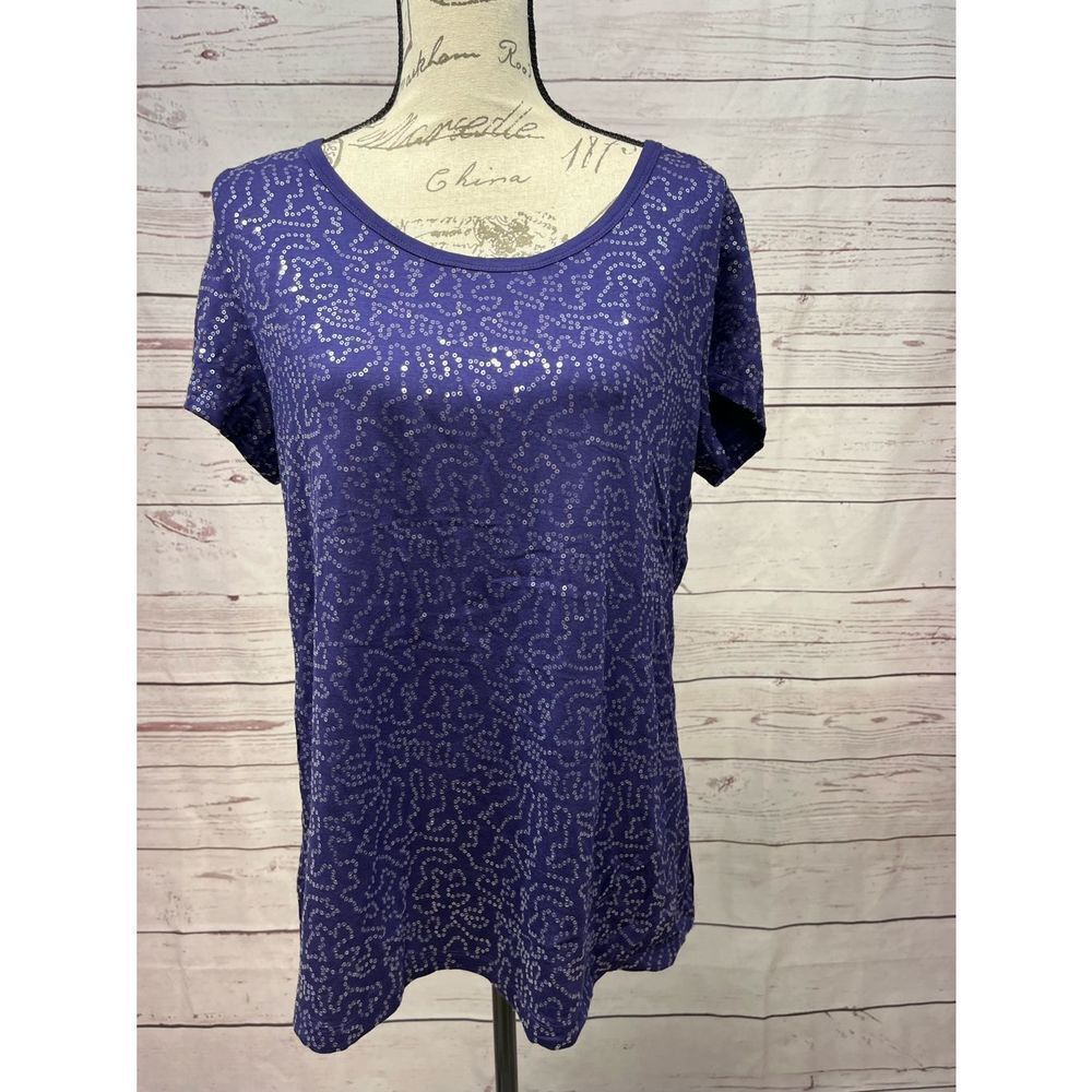 Isaac Mizrahi Live Womens Purple Sequin Squiggle Short Sleeve Scoop Neck Top L